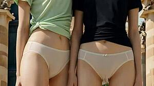 cute lesbians in their underwear barefoot
