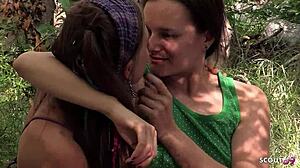 Two skinny hippy teens outdoor lesbian sex