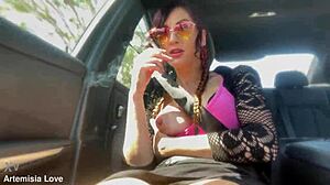 Italian milf flashes tits in car