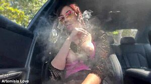Italian milf flashes tits in car