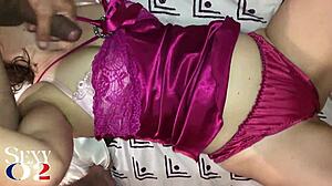 french slut in purple satin sucks cock and eats ass