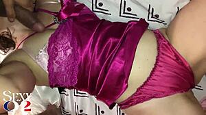 french slut in purple satin sucks cock and eats ass