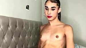 Transex safadinha strokes her cock while dressed up