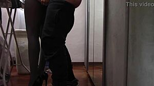 The milf with beautiful legs and pantyhose irons and gets touched and fucked
