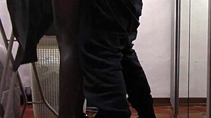 The milf with beautiful legs and pantyhose irons and gets touched and fucked