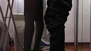 The milf with beautiful legs and pantyhose irons and gets touched and fucked