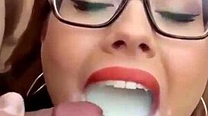 Busty glasses cumslut bukkake