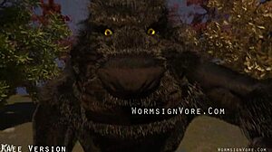 Monster werewolf thrusts his cock into the barefoot cocktail waitress who swallows every drop