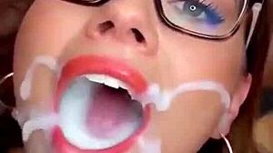 Busty glasses cumslut bukkake