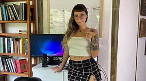 Horny secretary roleplay in miniskirt sucks and fucks him