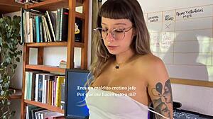 Horny secretary roleplay in miniskirt sucks and fucks him
