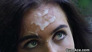 hot babe receives facial after sucking