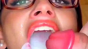 Busty glasses cumslut bukkake