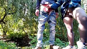 Curvy masturbating milf jerks my dick outdoors