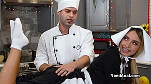 assistant ass fucked by lucky chef in the kitchen
