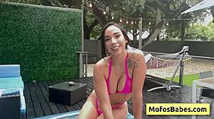 beautiful brunette babe seduces friend with round boobs and sucks huge dick