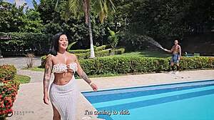 my busty boss and curvy friend share cock outside