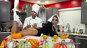 assistant ass fucked by lucky chef in the kitchen