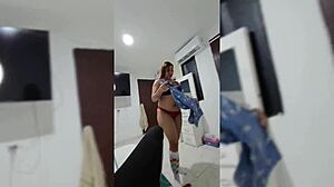she tries on her underwear in front of me so i can fuck her and i fuck her several times