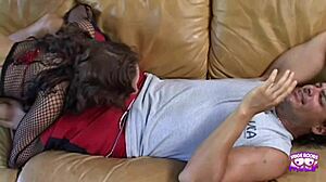 Brunette helps injured man with oral