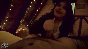 brunette swallows every drop in dark cabin