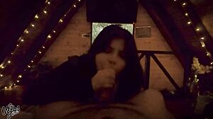 brunette swallows every drop in dark cabin
