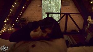 brunette swallows every drop in dark cabin
