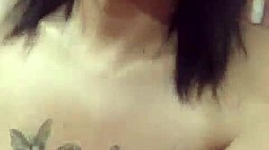 linda eats cucumber with her big tits out
