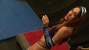 The woman in mortal kombat cosplay executes ballbusting as her fatality move