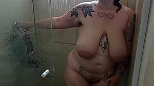 Bbw takes a shower after gym