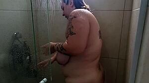 Bbw takes a shower after gym