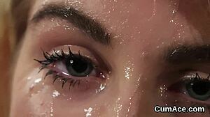 Frisky bombshell sucks every drop of jizz from her face