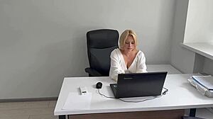 The office secretary decided to relax at the end of the working day and masturbate to porn right at her workplace