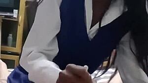 Hot black student sucks white cock in dress