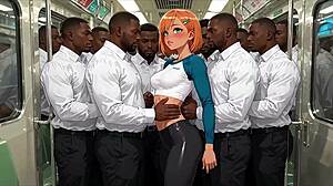 Subway sex in a train 5 on 1 with redheaded beauty and quadruple anal