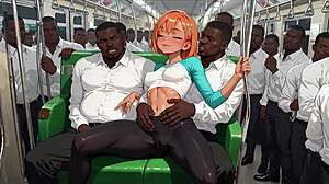Subway sex in a train 5 on 1 with redheaded beauty and quadruple anal