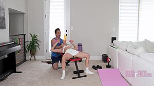 Flexible yoga girl stretches and masturbates during gym session