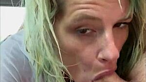 streetwalker in a wet t-shirt gives a blowjob in the backseat of a car and keeps sucking after the guy cums in her mouth