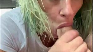 streetwalker in a wet t-shirt gives a blowjob in the backseat of a car and keeps sucking after the guy cums in her mouth
