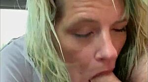 streetwalker in a wet t-shirt gives a blowjob in the backseat of a car and keeps sucking after the guy cums in her mouth