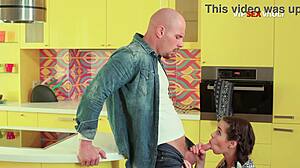 brunette gives sloppy deepthroat in kitchen then bends over