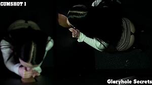 Brunette babe gives sloppy gloryhole blowjob