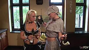 Lesbian Maid In Costume Fucks With Bananas And Tongue On Fake Tits