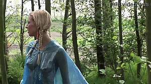 Blonde teens fuck two big cocks in forest