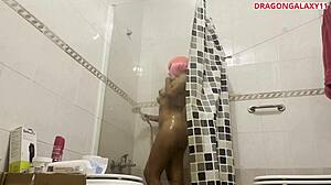 stepsister takes a shower in the bathroom