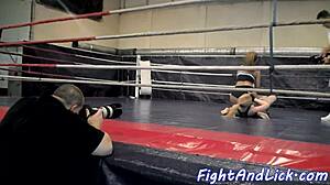 Muscular Women Wrestle In A Boxing Ring