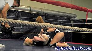 Muscular Women Wrestle In A Boxing Ring