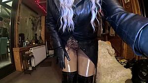 Shiny leather cameltoe joi dirty talk dildo tease with intense orgasm