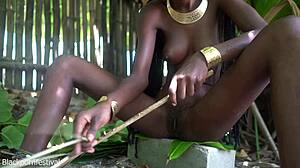 skinny ebony beauty cooks naked outside showing her perfect tits