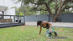 Beautiful busty fit black woman gags on huge white cock deepthroat blowjob